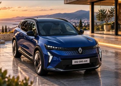 Renault SUV bleu au coucher du soleil fix