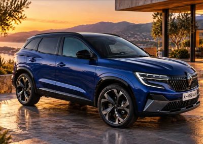 SUV Renault bleu au coucher du soleil fix